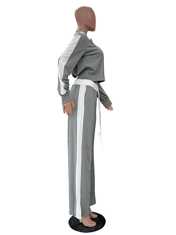 Joskaa Stripe Zip Up Long Sleeve Wide Leg Two Piece Set - two piece set image 3