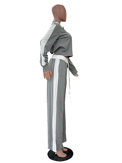 Joskaa Stripe Zip Up Long Sleeve Wide Leg Two Piece Set - two piece set image 3